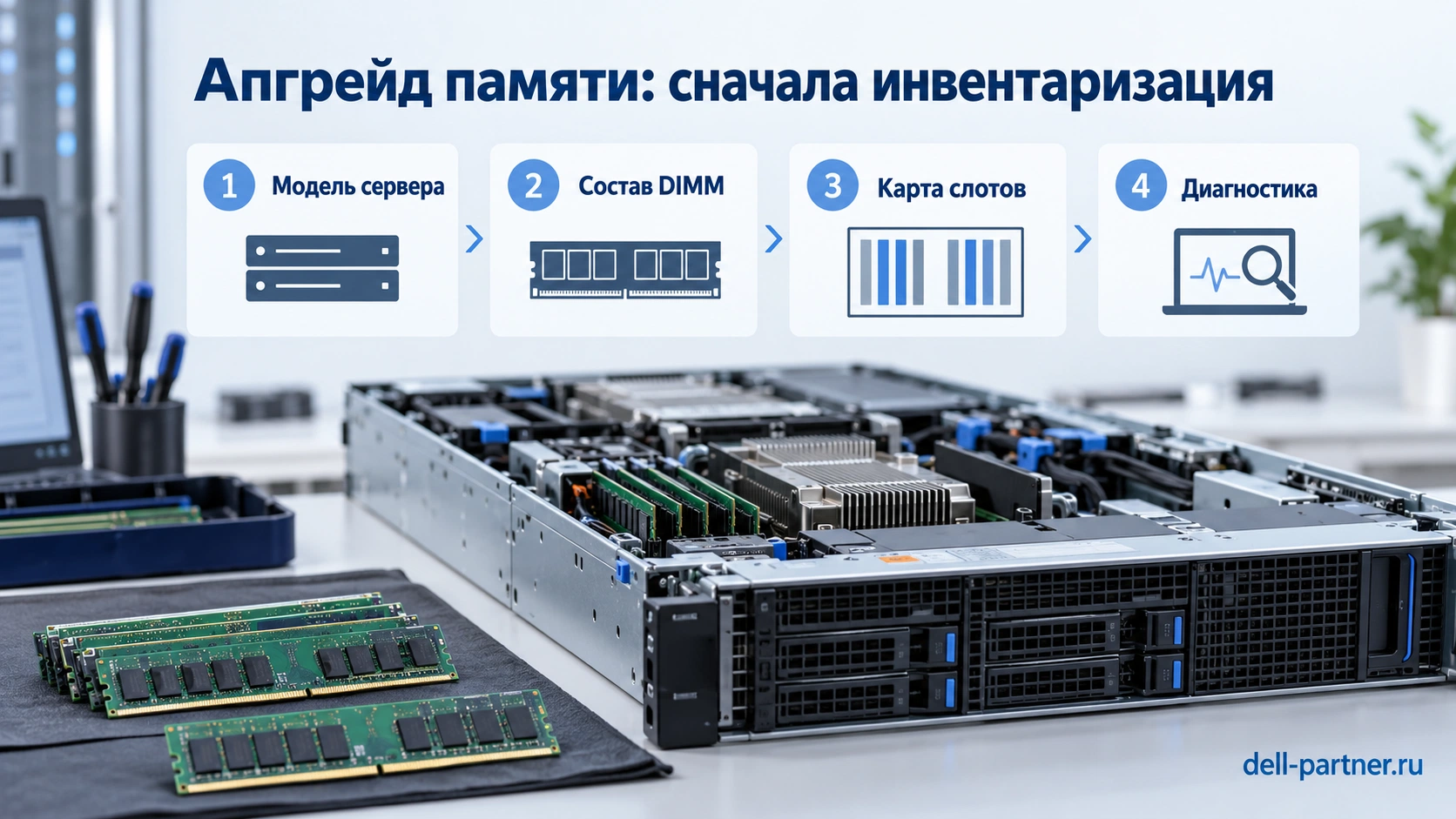Совместимый комплект памяти начинается с инвентаризации сервера и карты установки DIMM