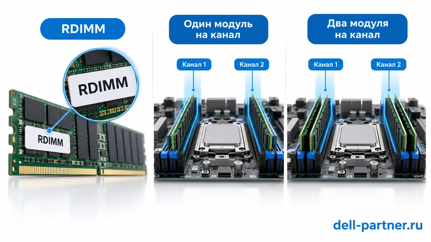 RDIMM, один и два модуля на канал: ёмкость и рабочая скорость