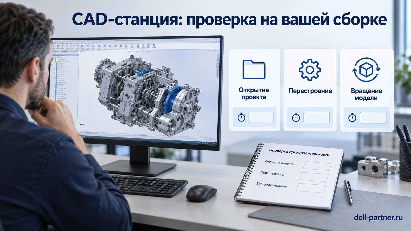 Приёмка CAD-станции повторяет открытие, перестроение и вращение реальной сборки