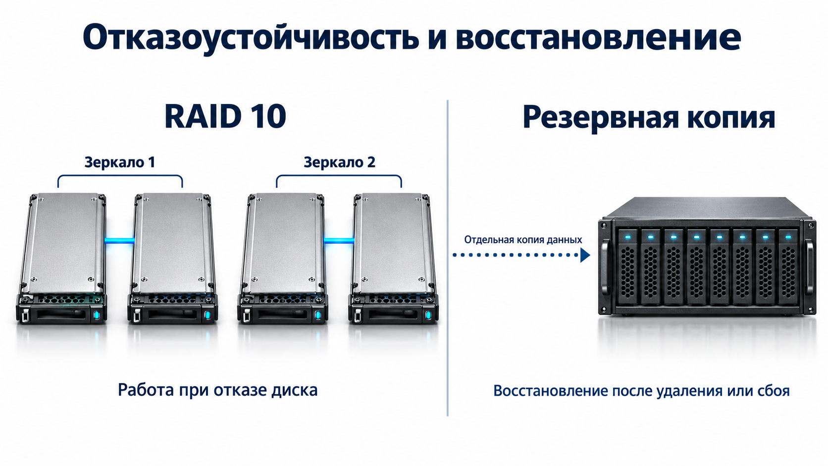 RAID 10 с двумя зеркальными парами и отдельное хранилище резервной копии