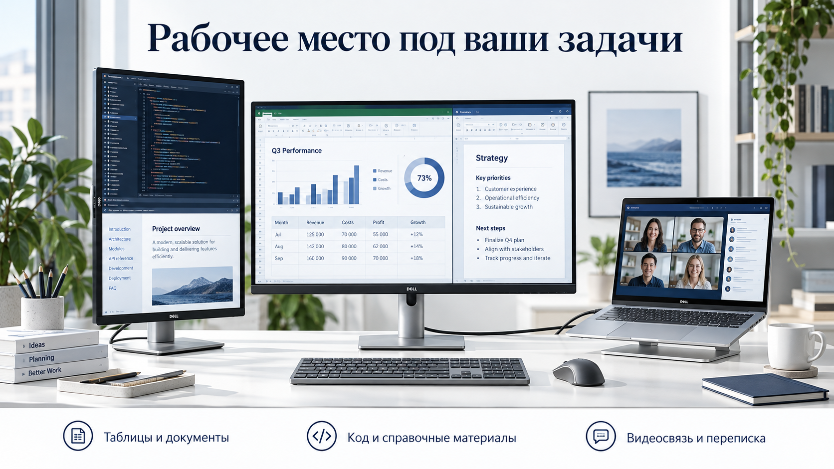 Рабочее место с горизонтальным и портретным внешними мониторами и ноутбуком