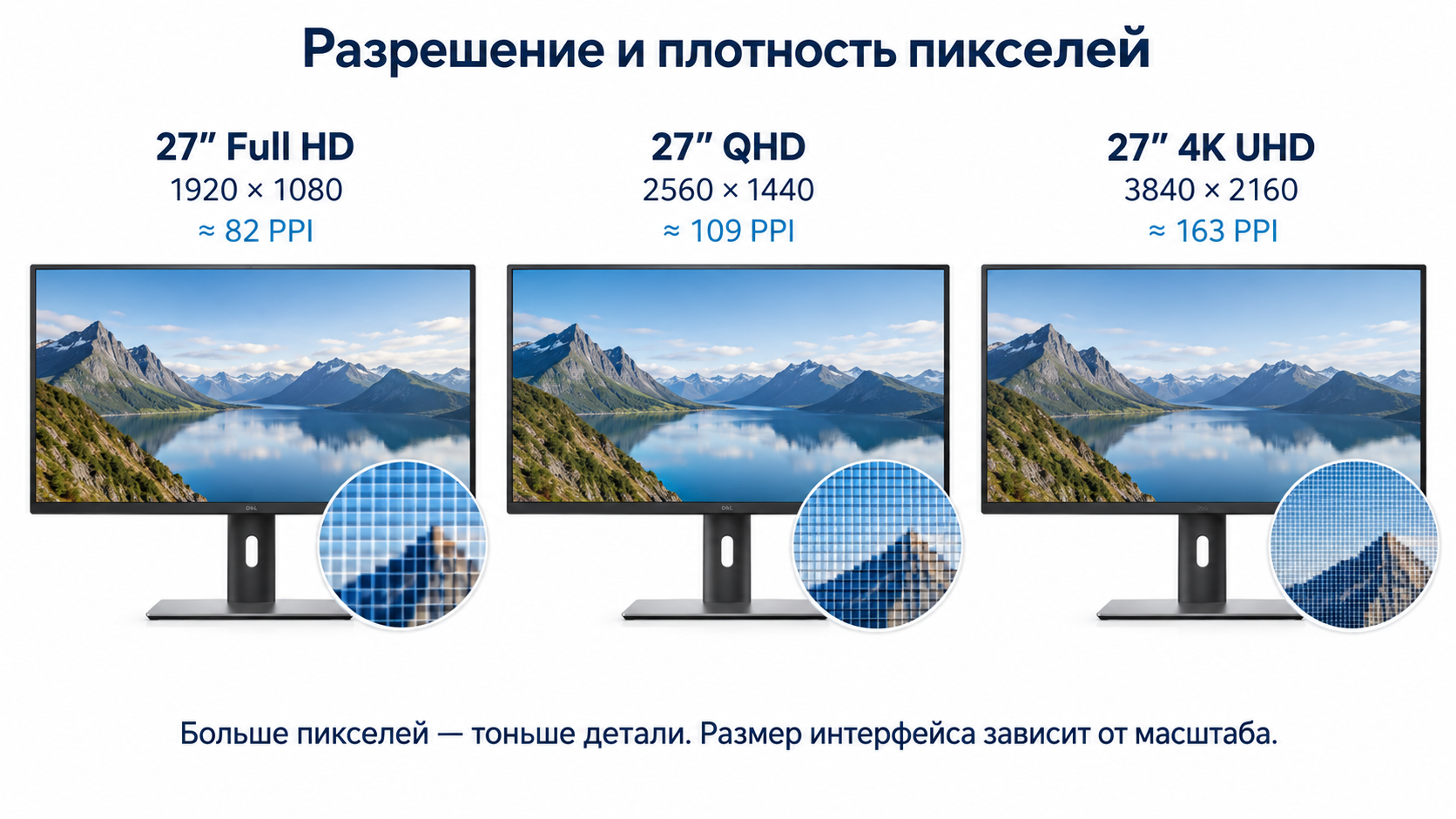 Сравнение плотности пикселей на 27-дюймовых мониторах Full HD, QHD и 4K UHD